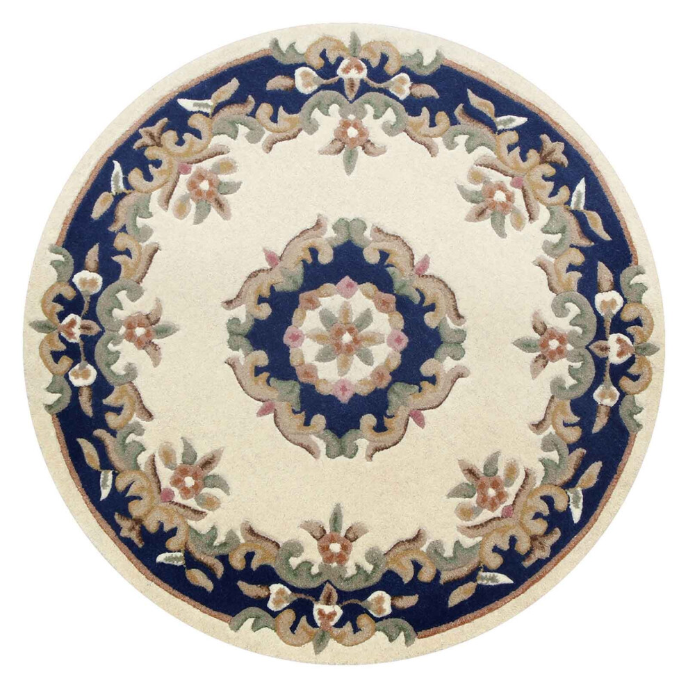 Oriental Weavers (Cream Blue, Circle: 120Cm) Traditional Pure Wool Rugs Hall Runner Round Circle Half Moon Mat Small Extra Large Carpet Eco Friendly Handmade