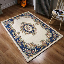 (CREAM BLUE, 200 x 285 cm) Traditional Pure Wool Rugs Hall Runner Round Circle Half Moon Mat Small Extra Large Carpet Eco Friendly Handmade