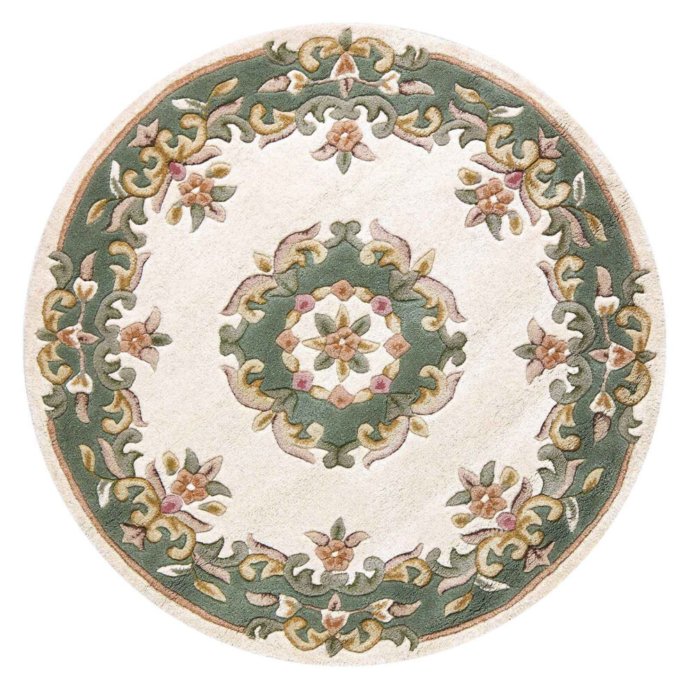 (CREAM GREEN, Circle: 120cm) Traditional Pure Wool Rugs Hall Runner Round Circle Half Moon Mat Small Extra Large Carpet Eco Friendly Handmade