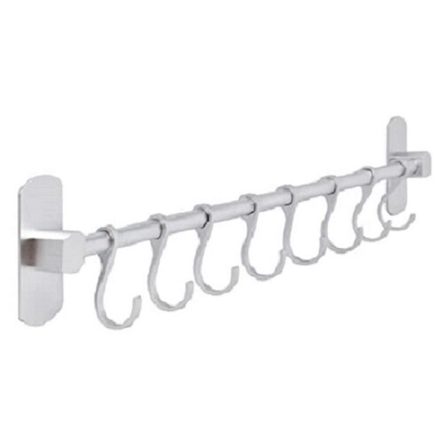 40cm Aluminium Self Adhesive Silver Kitchen Utensil Rack, with 8 hooks