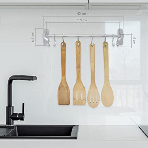 40cm Aluminium Self Adhesive Silver Kitchen Utensil Rack, with 8 hooks 1