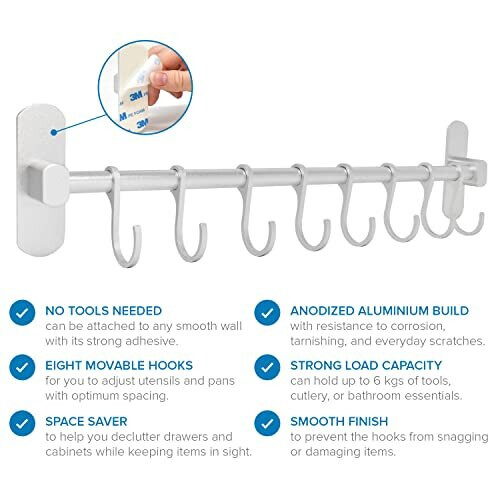 40cm Aluminium Self Adhesive Silver Kitchen Utensil Rack, with 8 hooks 2