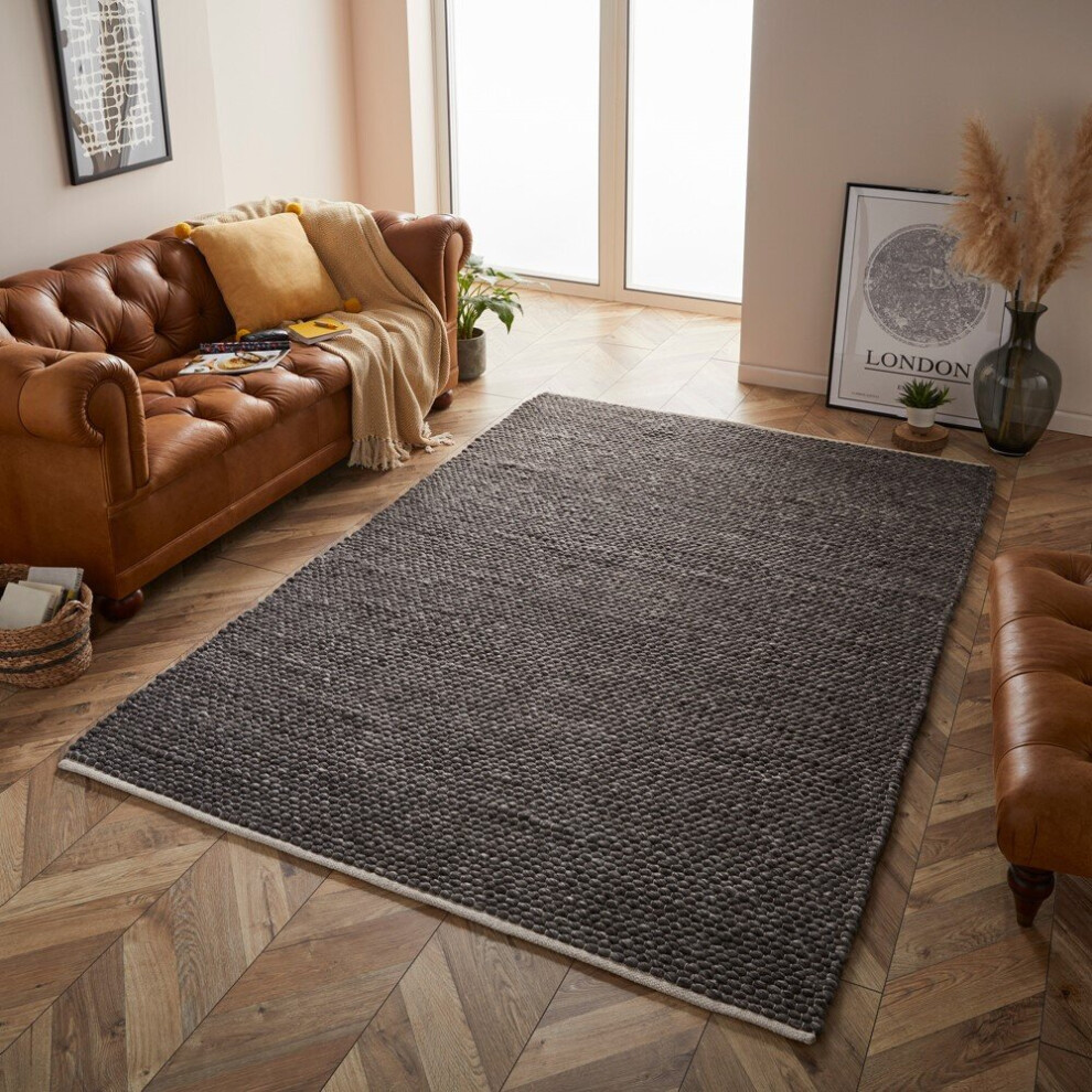 (CHARCOAL, 160 x 230 cm) Plain Neutral Handmade 100% Wool Rug Eco Friendly Handmade Natural Colour Area Rugs Large Hallway Runner