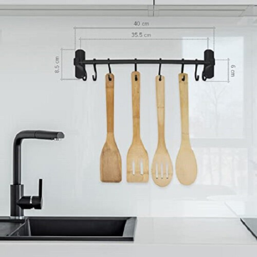 40cm Aluminium Self Adhesive Black Kitchen Utensil Rack, with 8 Hooks 1