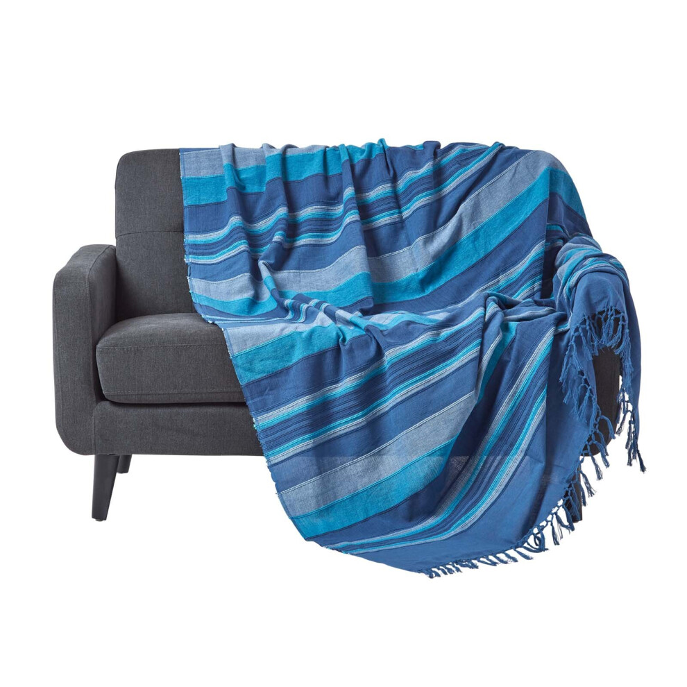 Homescapes (150 X 200 Cm, ) Cotton Morocco Striped Throw Blue