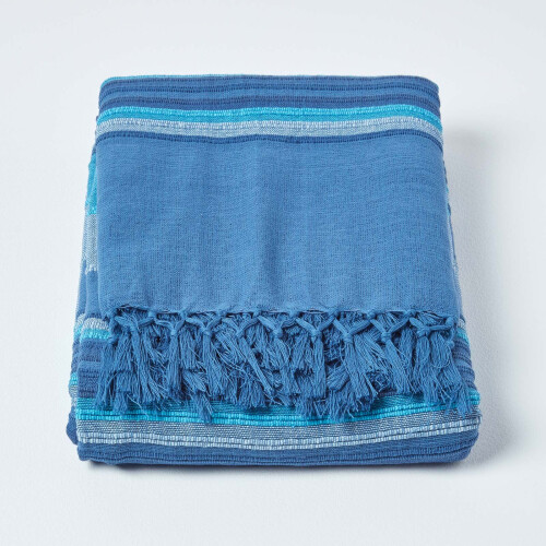 Homescapes (150 x 200 cm, Blue) Cotton Morocco Striped Throw 1