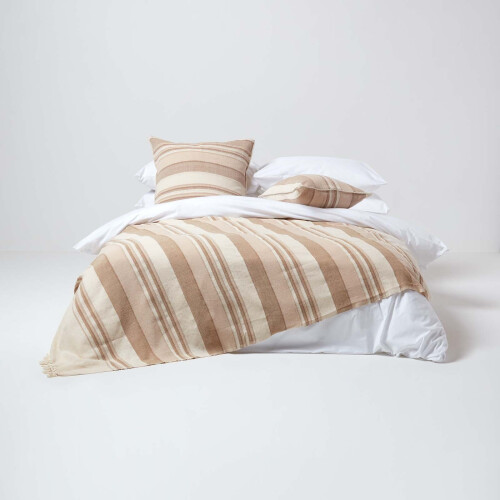 Homescapes (255 x 360 cm, Beige) Cotton Morocco Striped Throw 2