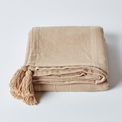 Homescapes (255 x 360 cm, Beige) Cotton Rajput Ribbed Throw 1