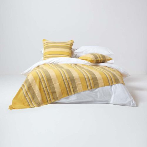 Homescapes (225 x 255 cm, Yellow) Cotton Morocco Striped Throw 2