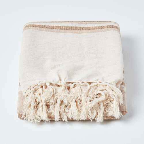 Homescapes (150 x 200 cm, Beige) Cotton Morocco Striped Throw 1