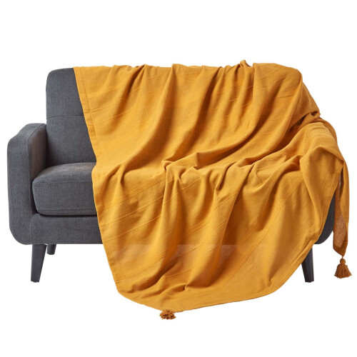 Homescapes (225 x 255 cm, Mustard) Cotton Rajput Ribbed Throw