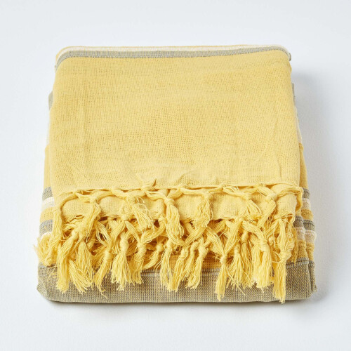 Homescapes (255 x 360 cm, Yellow) Cotton Morocco Striped Throw 1