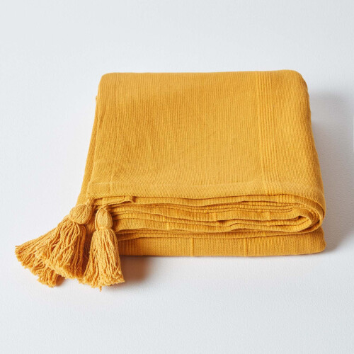 Homescapes (225 x 255 cm, Mustard) Cotton Rajput Ribbed Throw 1