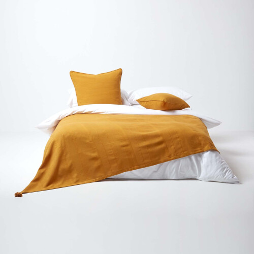 Homescapes (225 x 255 cm, Mustard) Cotton Rajput Ribbed Throw 2