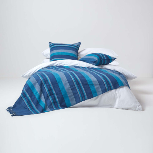 Homescapes (150 x 200 cm, Blue) Cotton Morocco Striped Throw 2