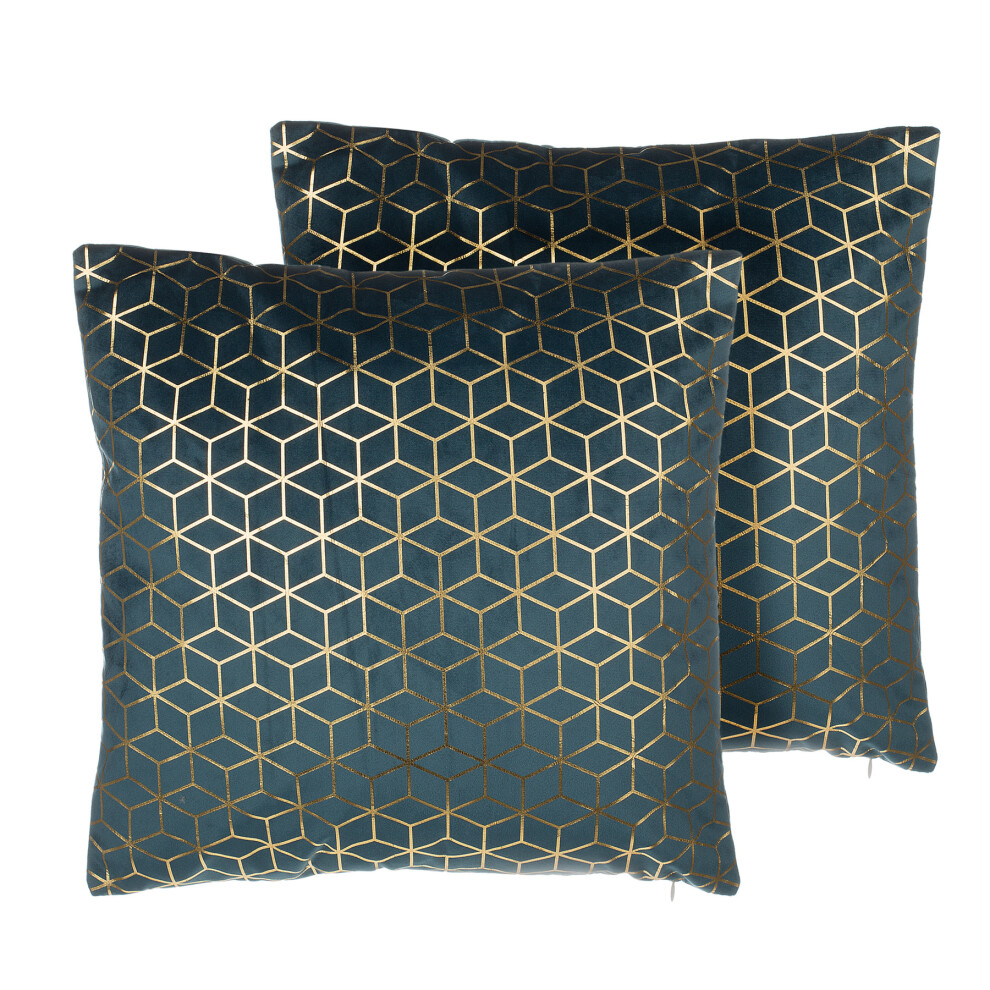 Set of 2 Velvet Cushions Geometric Pattern 45 x 45 cm Teal Blue CELOSIA