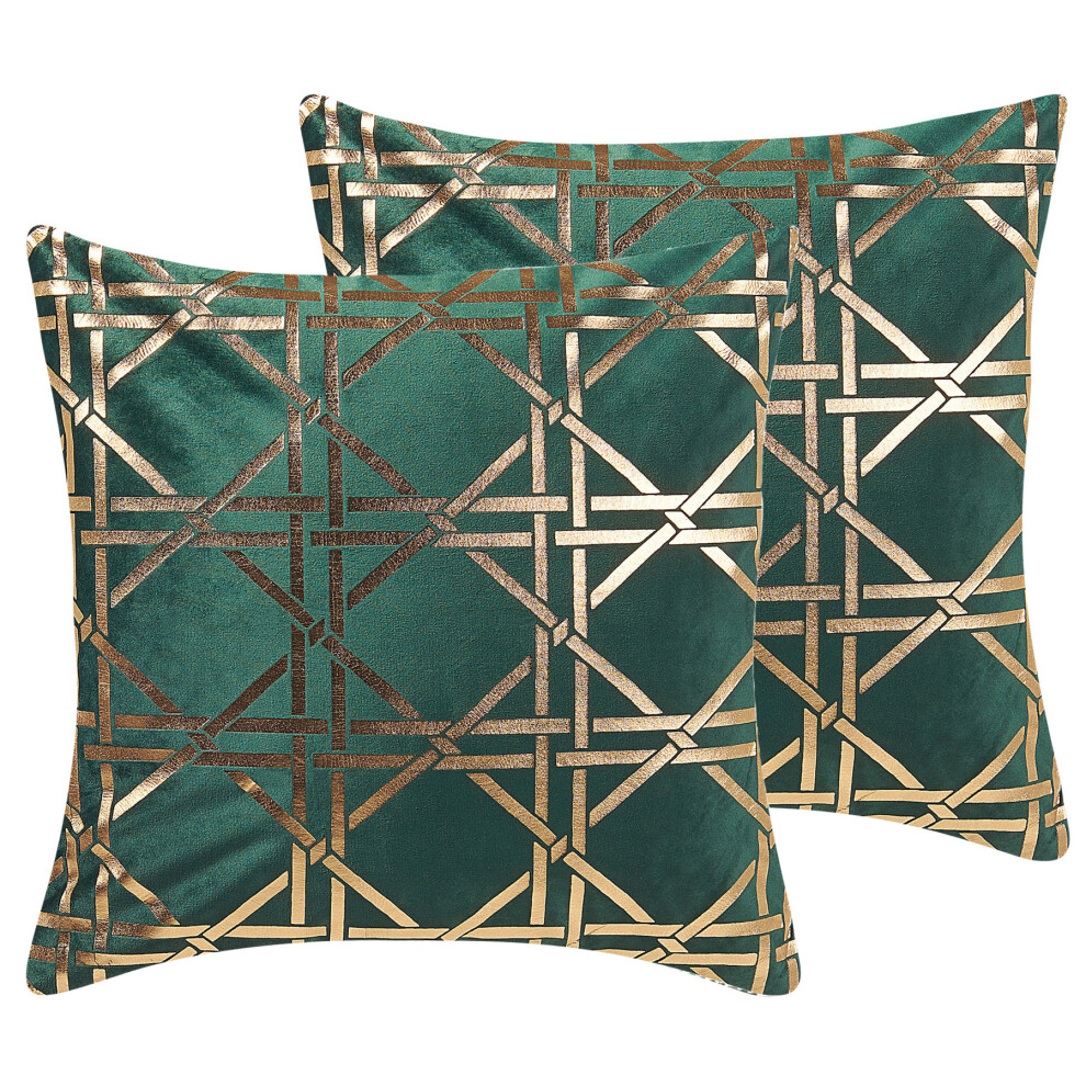 Set of 2 Cushions Geometric Pattern 45 x 45 cm Green with Gold CASSIA