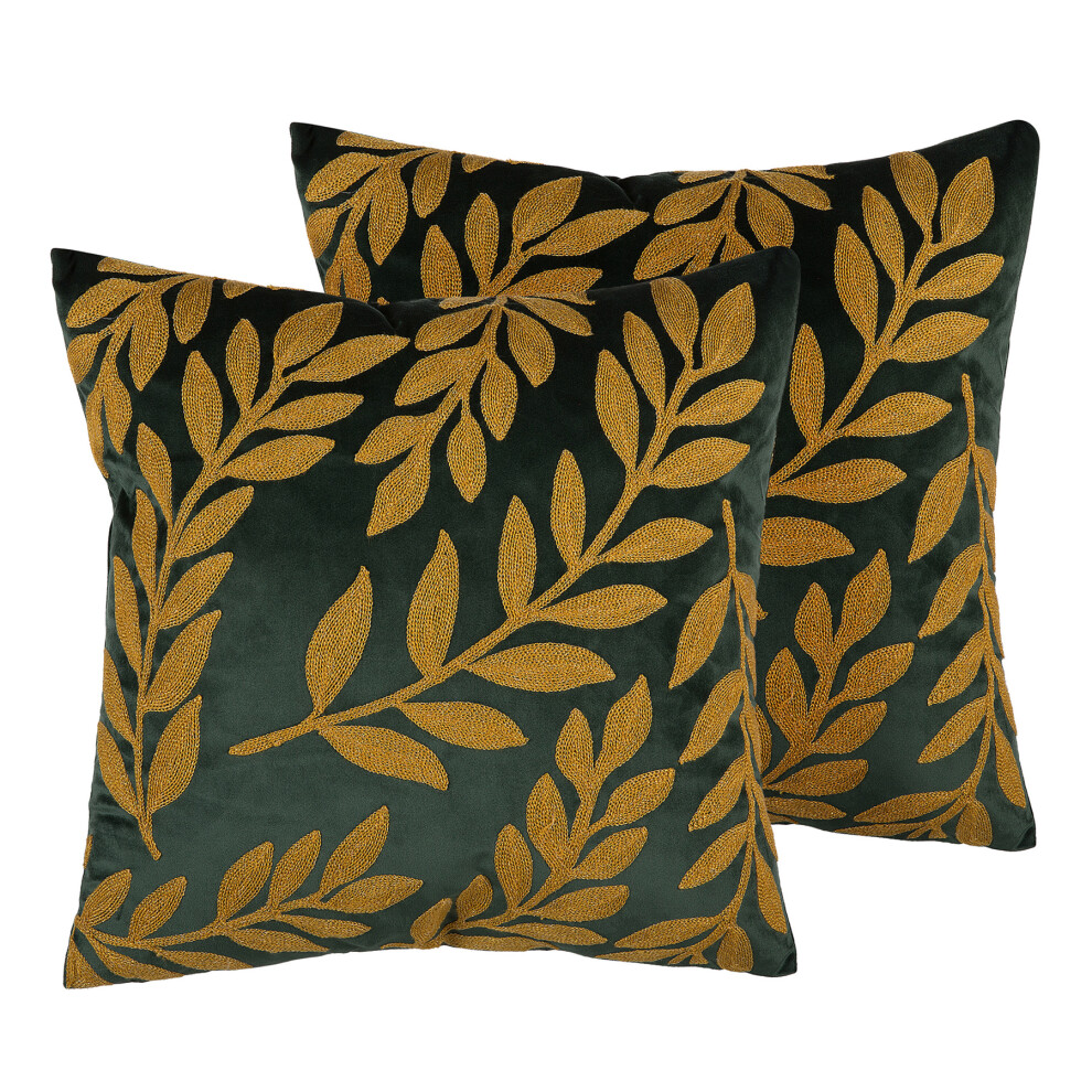 Set of 2 Velvet Cushions Leaf Pattern 45 x 45 cm Emerald Green MISTLETOE