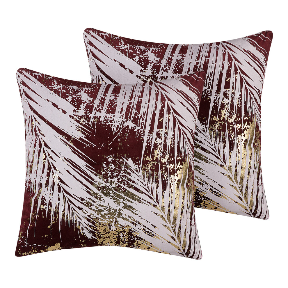 Set of 2 Velvet Cushions Leaf Pattern 45 x 45 cm Burgundy CALLA