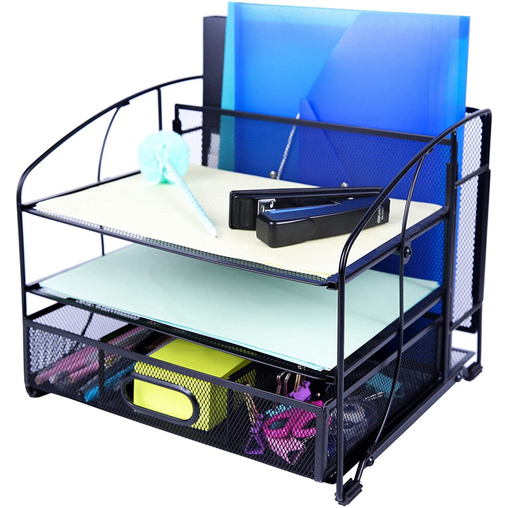 Exerz Mesh Desk Organiser Office Supplies 3 Trays/Desktop File Holder with Sliding Drawer and Hanging File Holder/Paper sorters/Vertical Upright