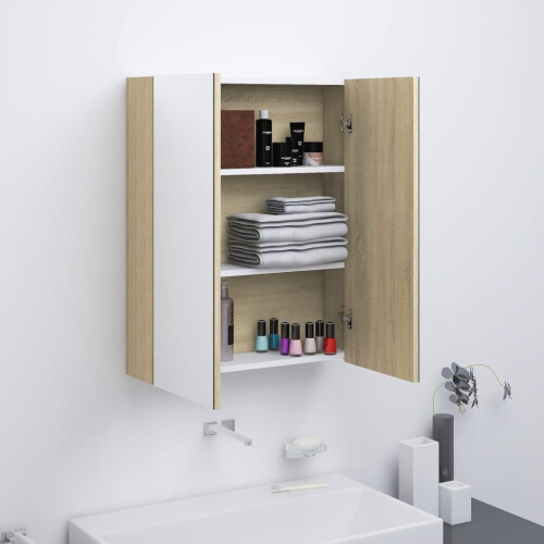 vidaXL Bathroom Mirror MDF White and Oak Home Wall Storage