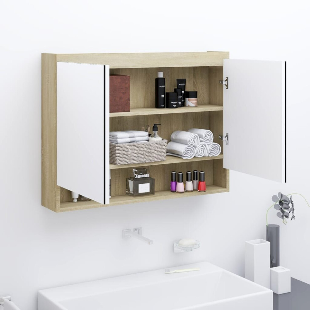 vidaXL Bathroom Mirror Cabinet MDF White and Oak Home Wall Storage Cabinet