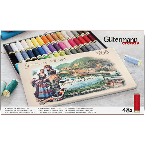 Gütermann Gutermann Vintage Tin Thread Set 100m Basic Colours x 48 reels, Multicoloured, One Size 2