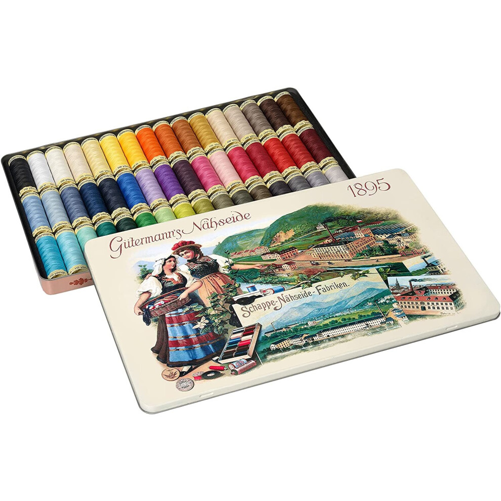 Gutermann Vintage Tin Thread Set 100m Basic Colours x 48 reels, Multicoloured, One Size