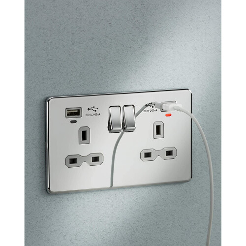 13A 2G Switched Socket, Dual USB (2.4A) with LED Charge Indicators - Brushed Chrome w/black insert 1