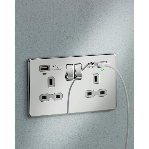 13A 2G Switched Socket, Dual USB (2.4A) with LED Charge Indicators - Brushed Chrome w/black insert 2