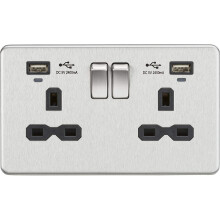 13A 2G Switched Socket, Dual USB (2.4A) with LED Charge Indicators - Brushed Chrome w/black insert
