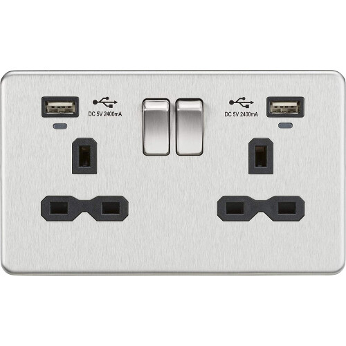 13A 2G Switched Socket, Dual USB (2.4A) with LED Charge Indicators - Brushed Chrome w/black insert