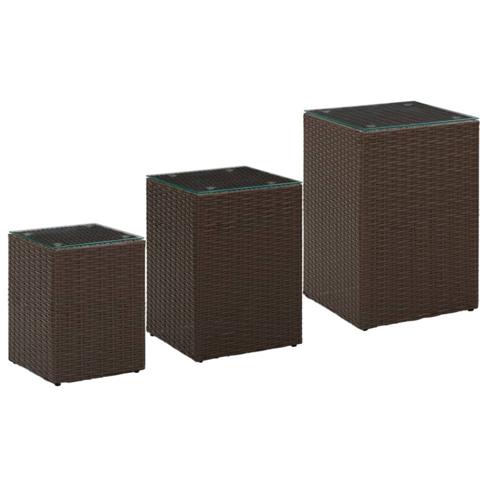 vidaXL 3x Side Tables with Glass Top Brown Poly Rattan Accent Sofa End Table