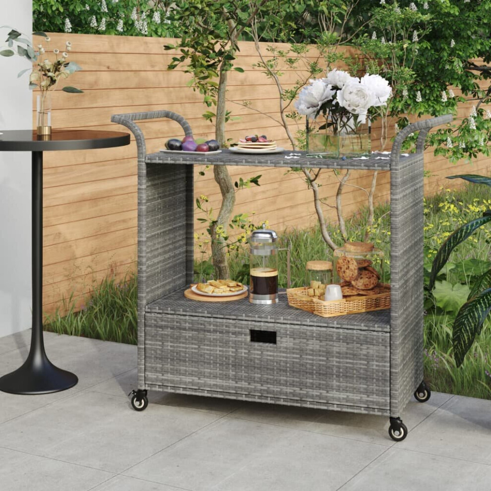 vidaXL Bar Cart with Drawer Grey Poly Rattan Serving Trolley Kitchen Cart
