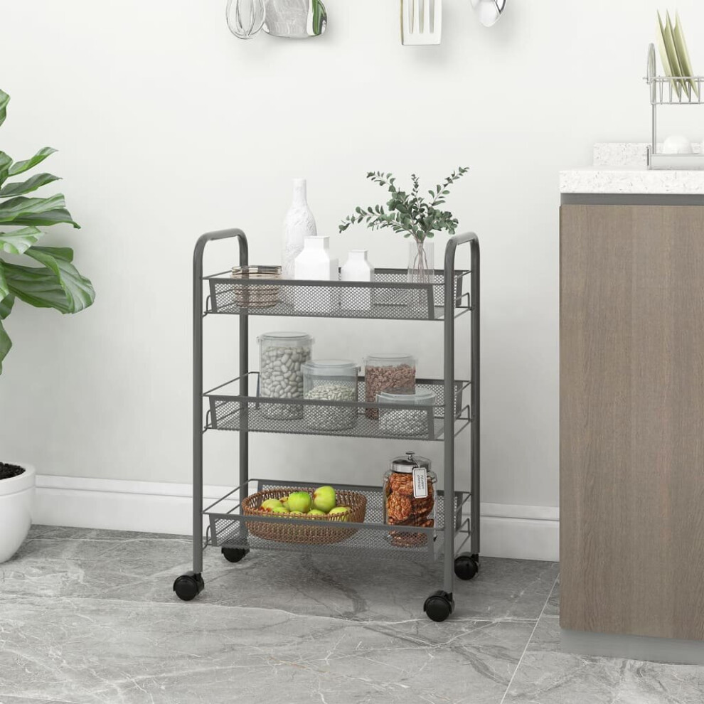 vidaXL 3-Tier Kitchen Trolley Grey Iron Organiser Home Bathroom Serving Cart