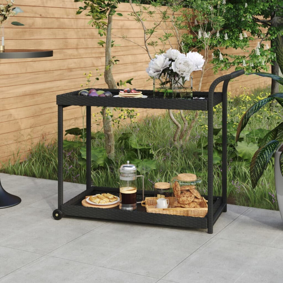 vidaXL Bar Cart Blac Poly Rattan Patio Storage Serving Trolley Kitchen Cart