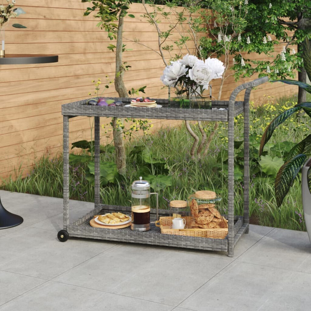 vidaXL Bar Cart Grey Poly Rattan Patio Storage Serving Trolley Kitchen Cart