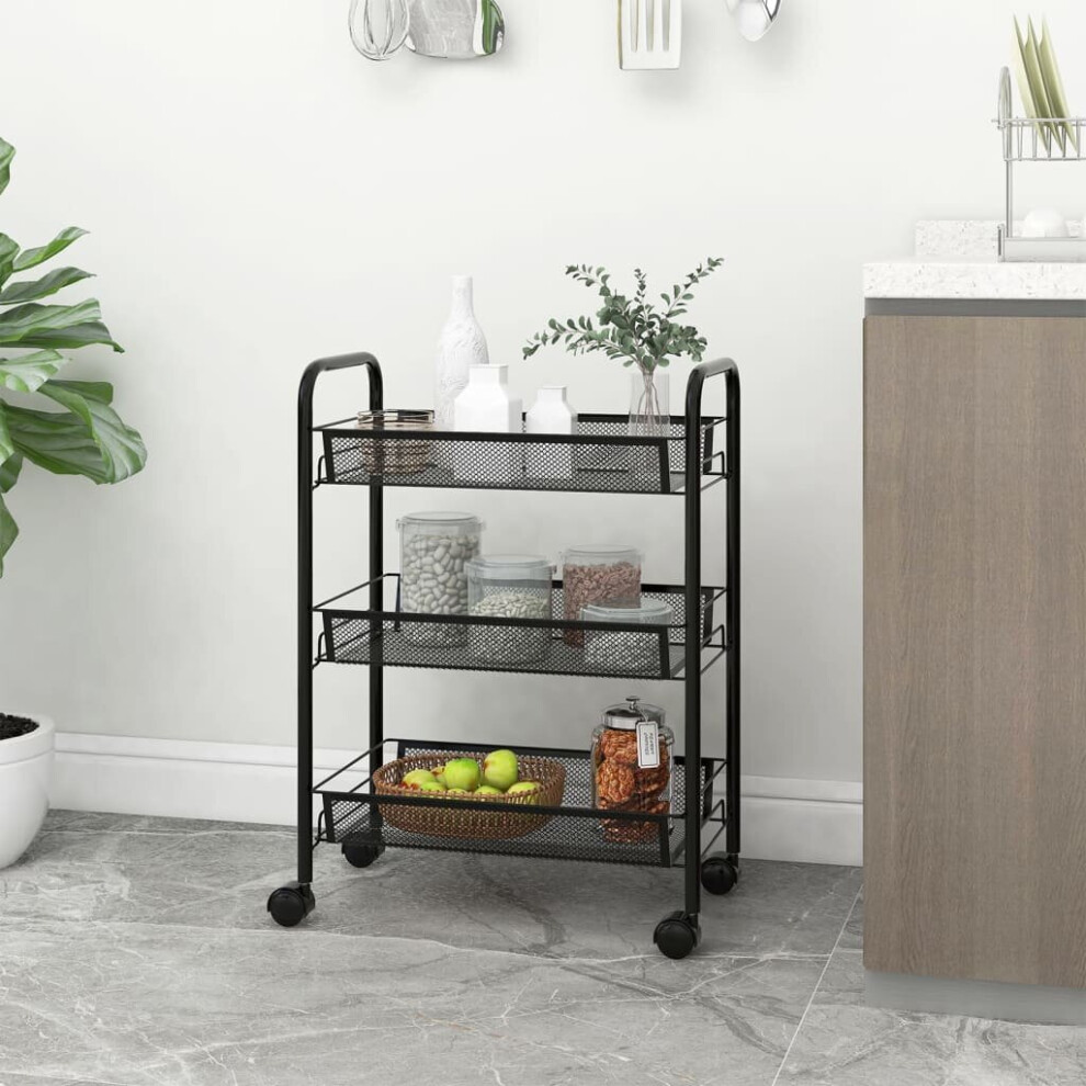 vidaXL 3-Tier Kitchen Trolley Black Iron Organiser Home Bathroom Serving Cart