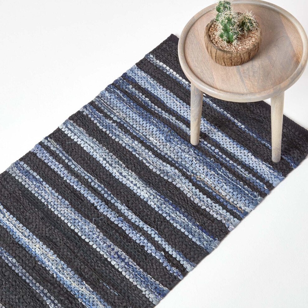 Texas Leather & Denim Woven Striped Blue Hall Runner, 66 x 200 cm