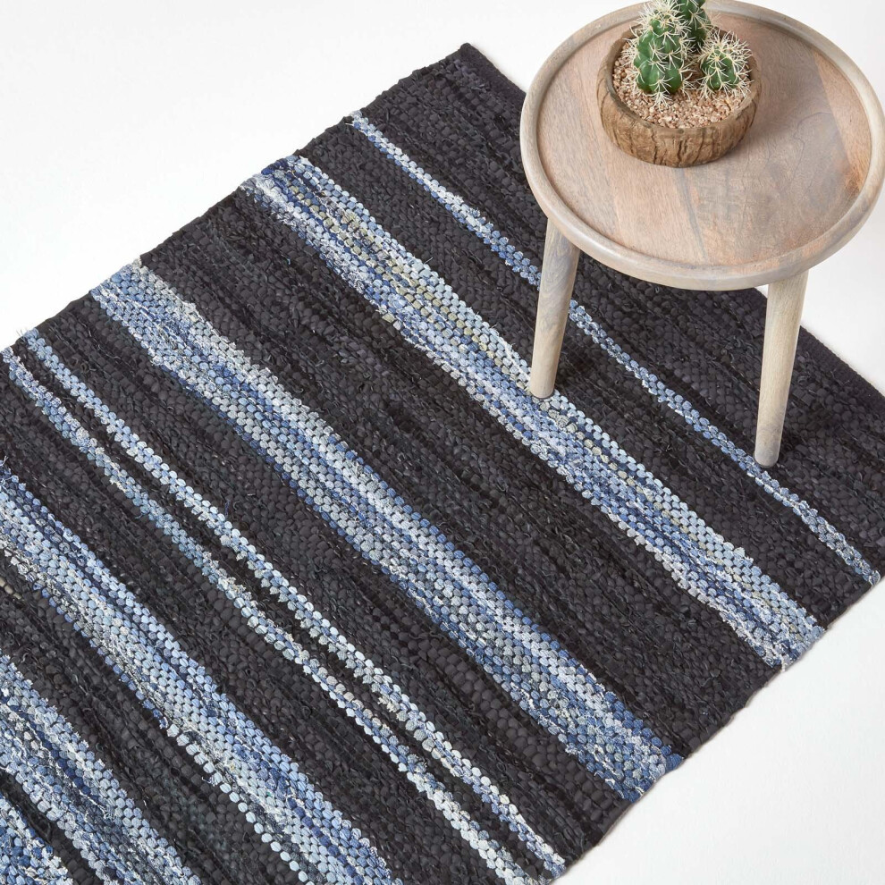 Texas Leather & Denim Woven Striped Blue Rug