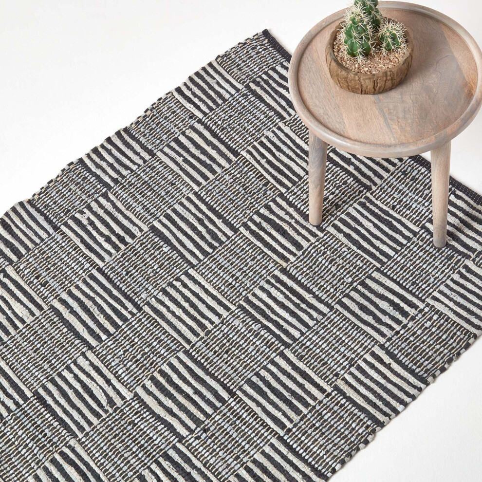 Homescapes (120 X 180 Cm) Black & White Real Leather Handwoven Striped Block Check Rug