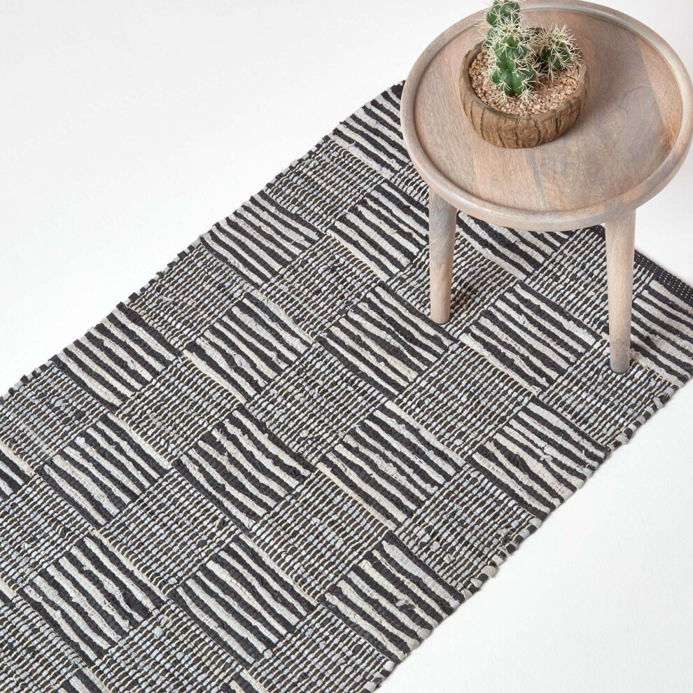 Homescapes (66 X 200 Cm) Black & White Real Leather Handwoven Striped Block Check Rug