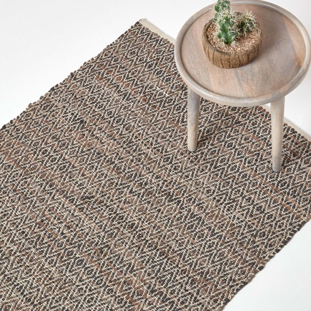Homescapes (120 X 180 Cm, ) Real Leather Handwoven Diamond Pattern Rug Brown