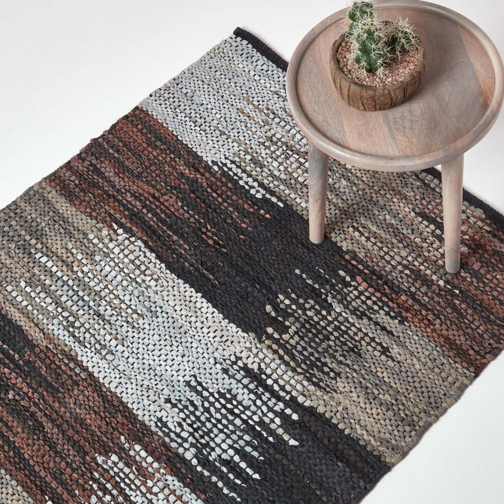 Homescapes (120 X 180 Cm) Grey & Brown Real Leather Handwoven Cutshuttle Rug Black
