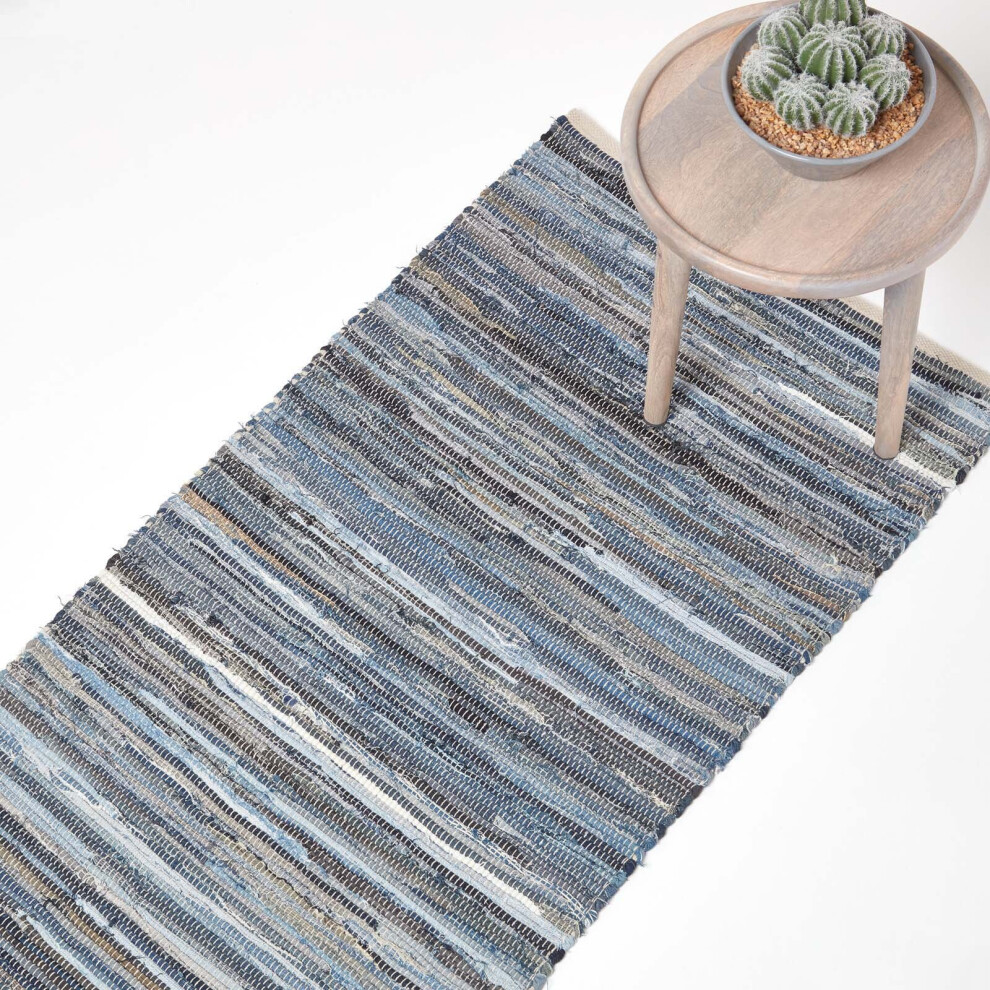 Homescapes (66 X 200 Cm) Blue Denim Handwoven Striped Chindi Rug