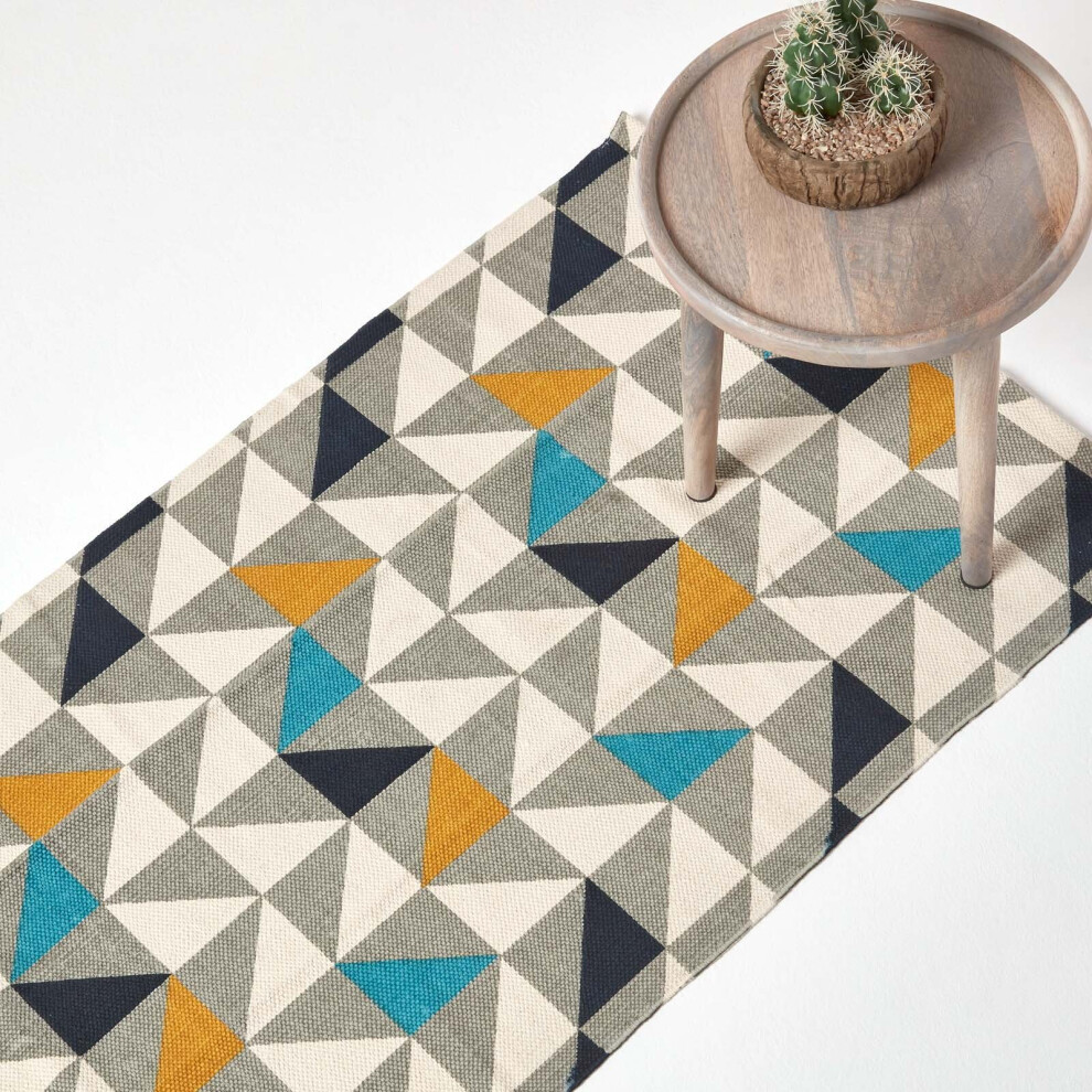 (66 x 200 cm) Copenhagen Blue, Yellow and Grey 100% Cotton Geometric Style Scandi Printed Rug