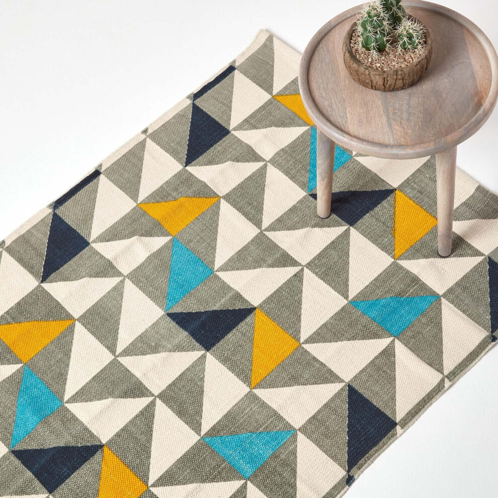 (90 x 150 cm) Copenhagen Blue, Yellow and Grey 100% Cotton Geometric Style Scandi Printed Rug