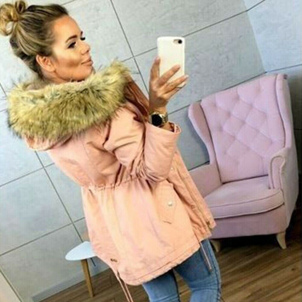 (Pink, L) Winter Warm Womens Fur Lined Parka Hooded Jacket Thick Overcoats Outwear Coats