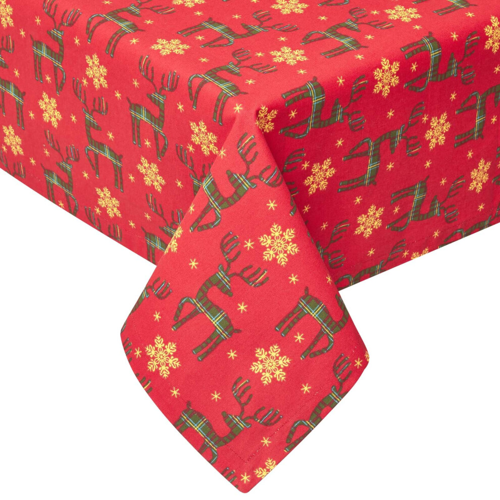 Homescapes (178 X 305 Cm) Reindeer 100% Cotton Christmas Tablecloth Red