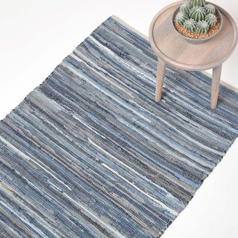 Homescapes (150 X 240 Cm) Blue Denim Handwoven Striped Chindi Rug